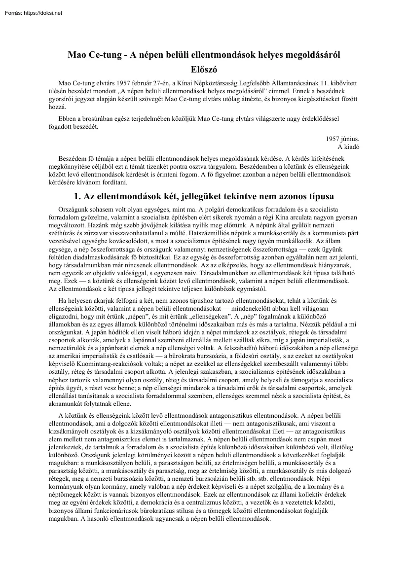 Mao Ce-tung - A népen belüli ellentmondások helyes megoldásáról