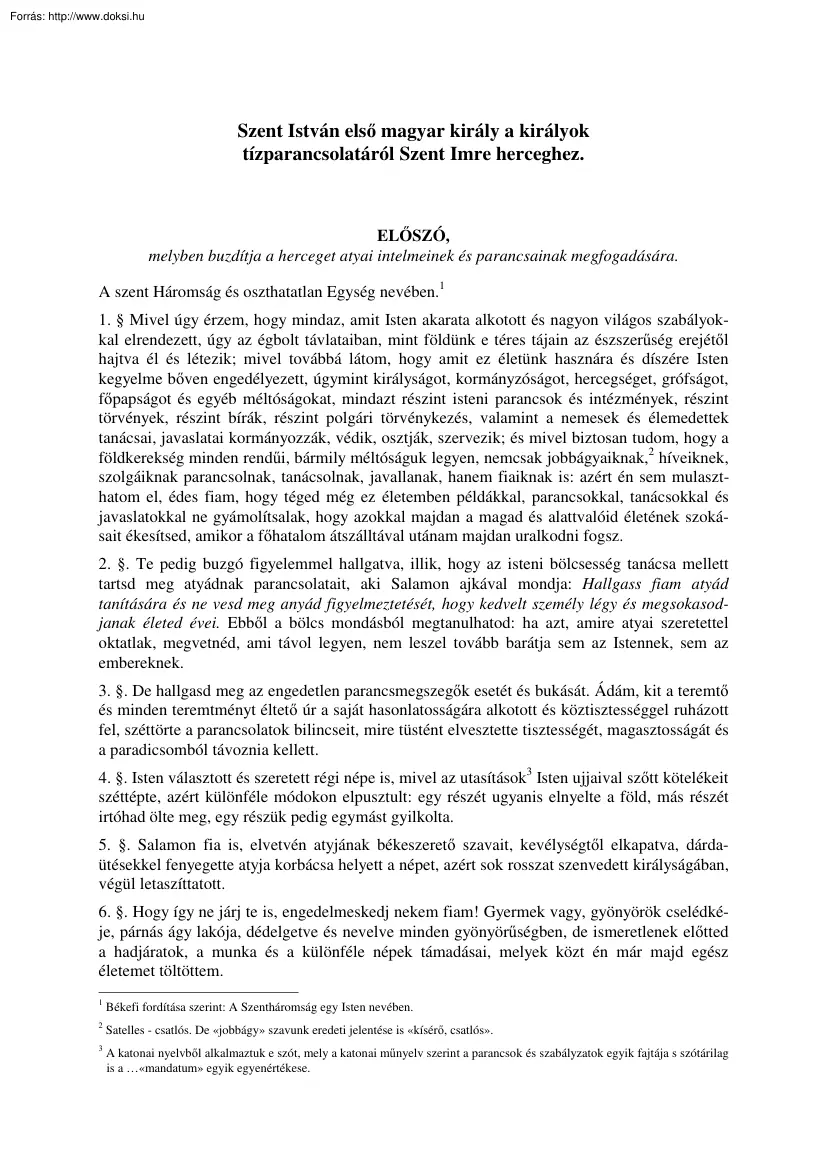 Szent István első magyar király a királyok tízparancsolatáról Szent Imre herceghez (magyarul