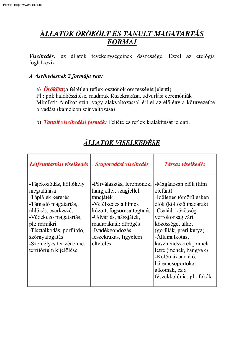 Állatok örökölt és tanult magatartás formái, állatok viselkedése