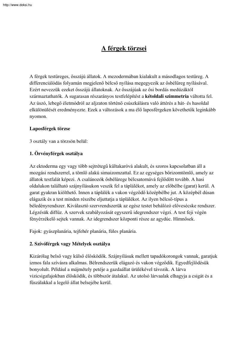 A férgek törzsei
