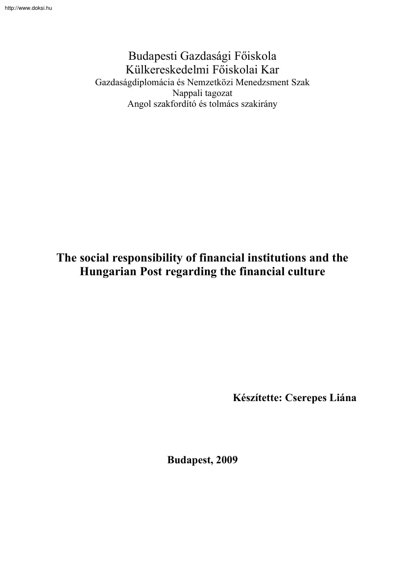 Cserepes Liána - The social responsibility of financial instutions and the Hungarian Post