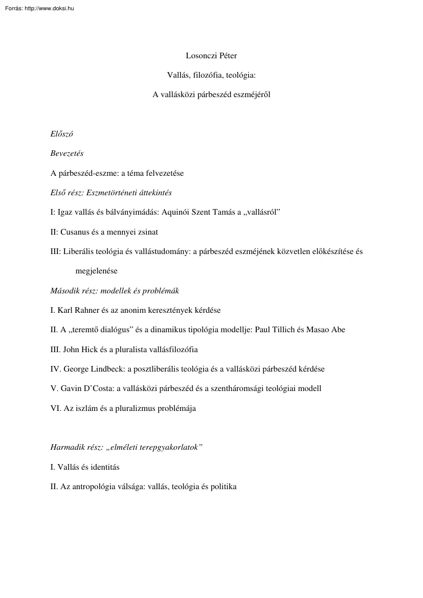 Losonczi Péter - Vallás, filozófia, teológia, A vallásközi párbeszéd eszméjéről