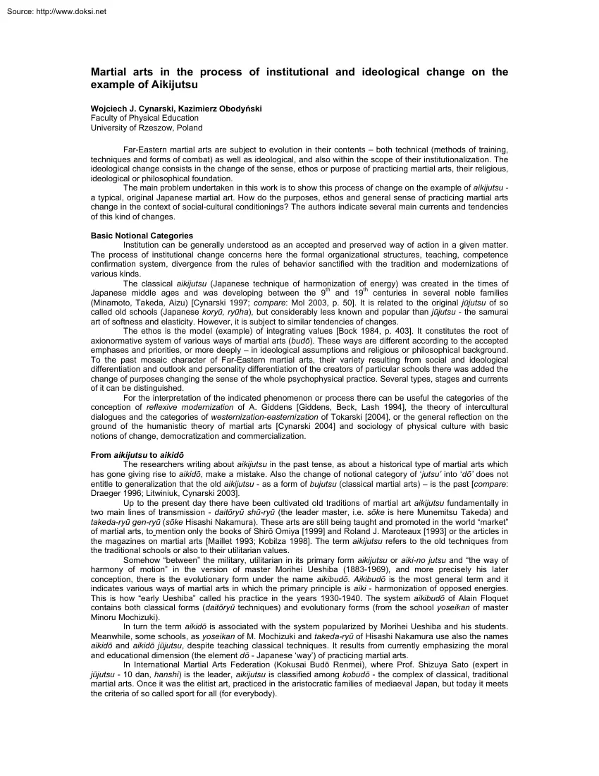 Cynarski-Obodynski - Martial Arts in the Process of Institutional and Ideological Change on the