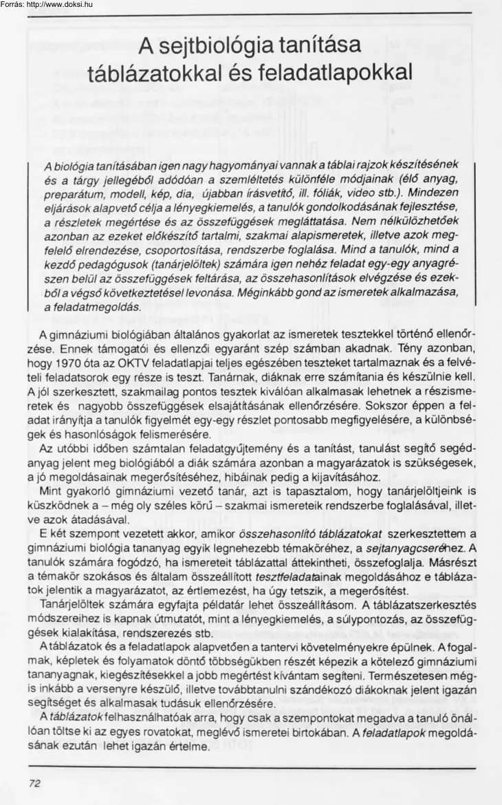 Szilágyi Tamás - A sejtbiológia tanítása táblázatokkal és feladatlapokkal