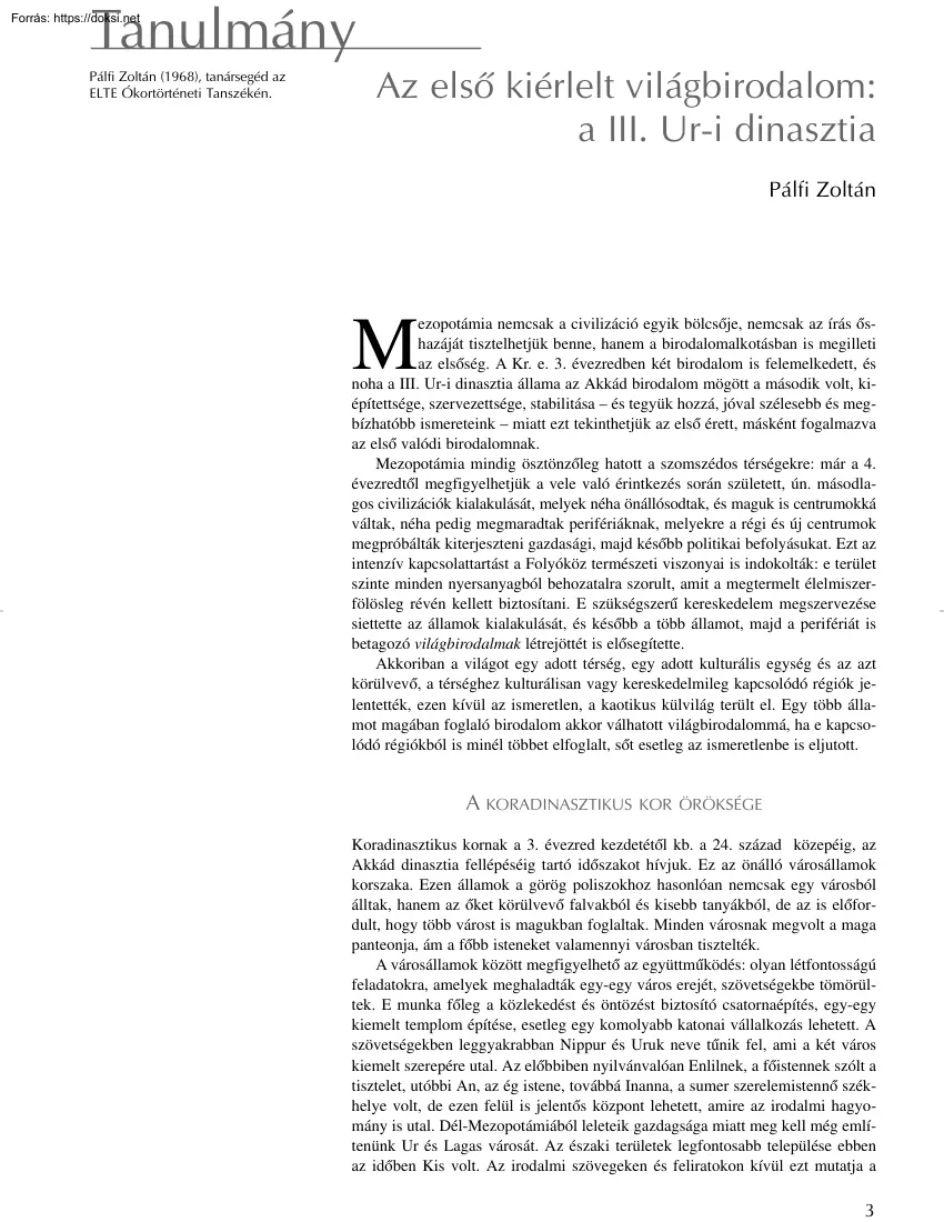 Pálfi Zoltán - Az első kiérlelt világbirodalom, a III. Ur-i dinasztia