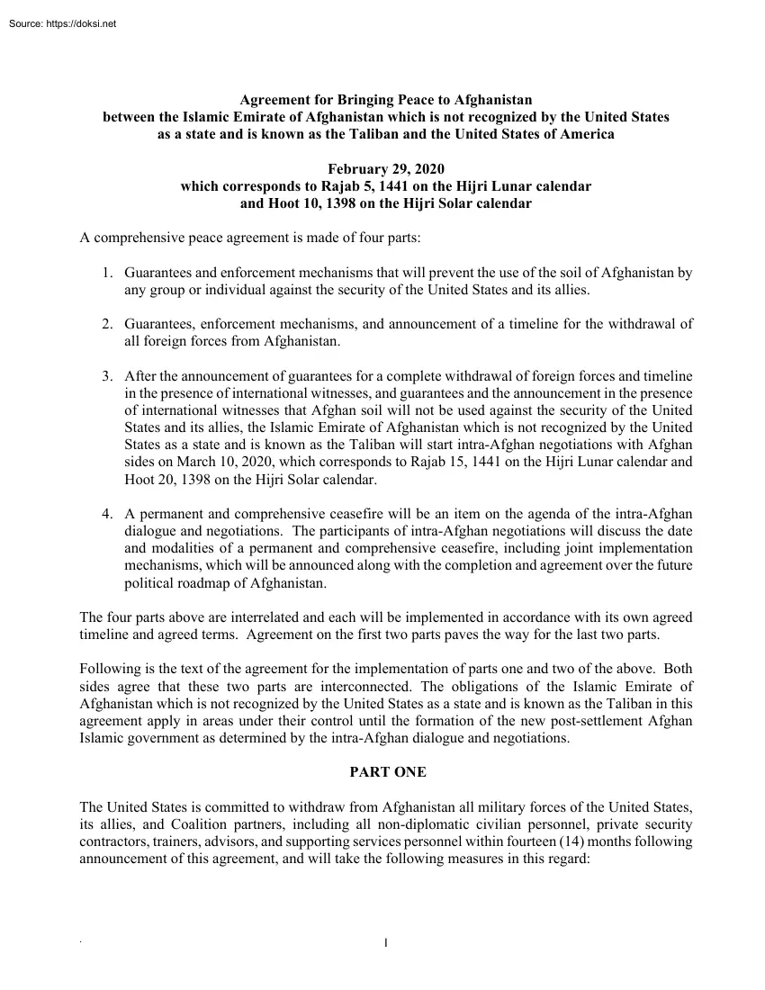 Agreement for Bringing Peace to Afghanistan between the Islamic Emirate of Afghanistan which is not