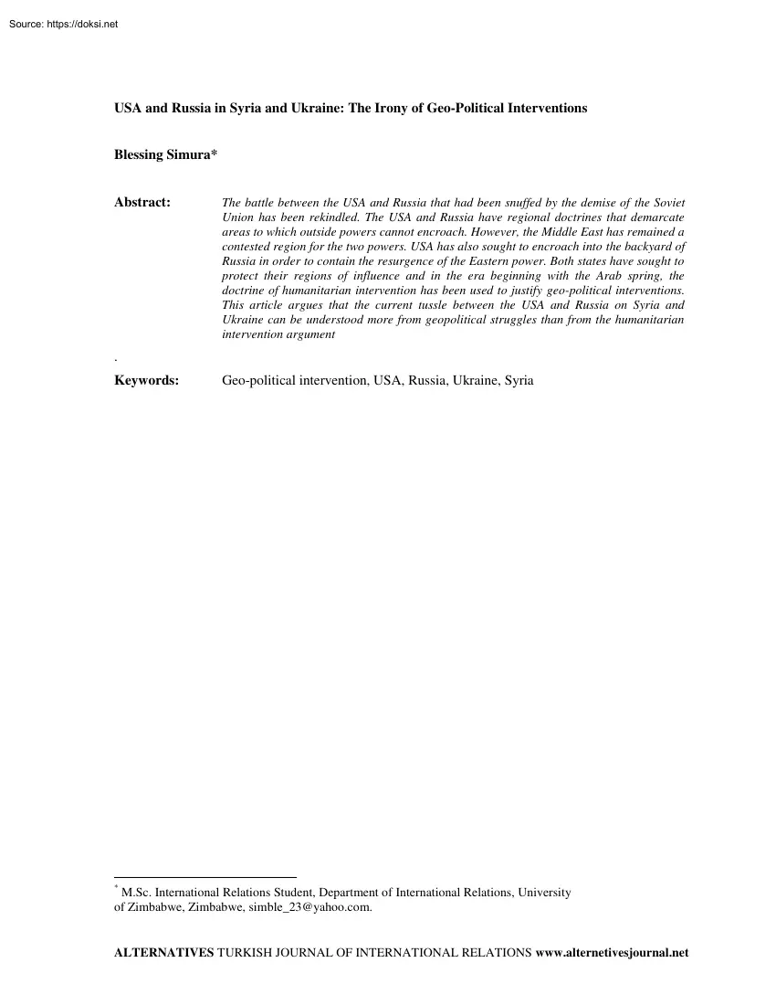 Blessing Simura - USA and Russia in Syria and Ukraine, The Irony of Geo-Political Interventions