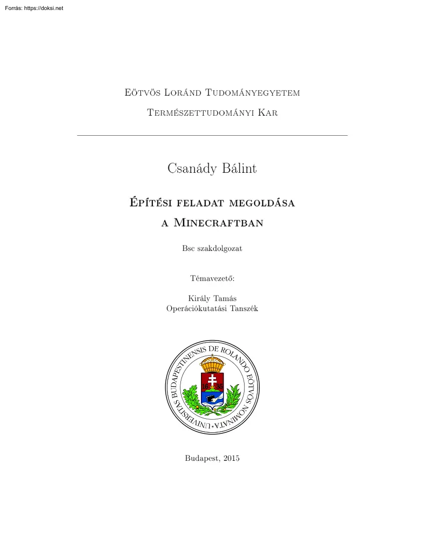 Csanády Bálint - Építési feladat megoldása a Minecraftban