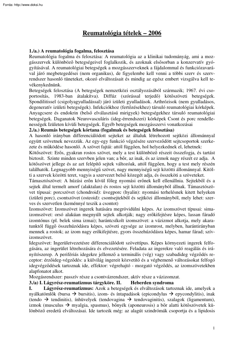 Reumatológia tételek, 2006