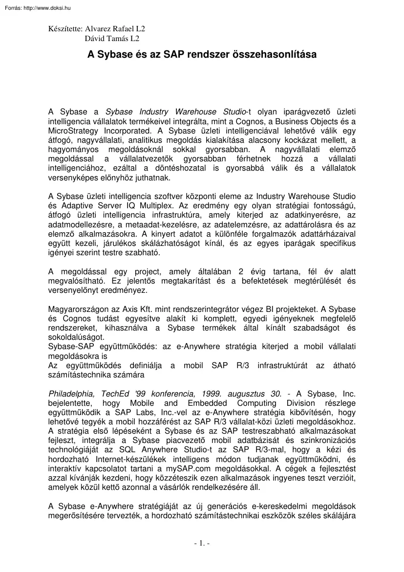 Alvarez-Dávid - A Sybase és az SAP rendszer összehasonlítása