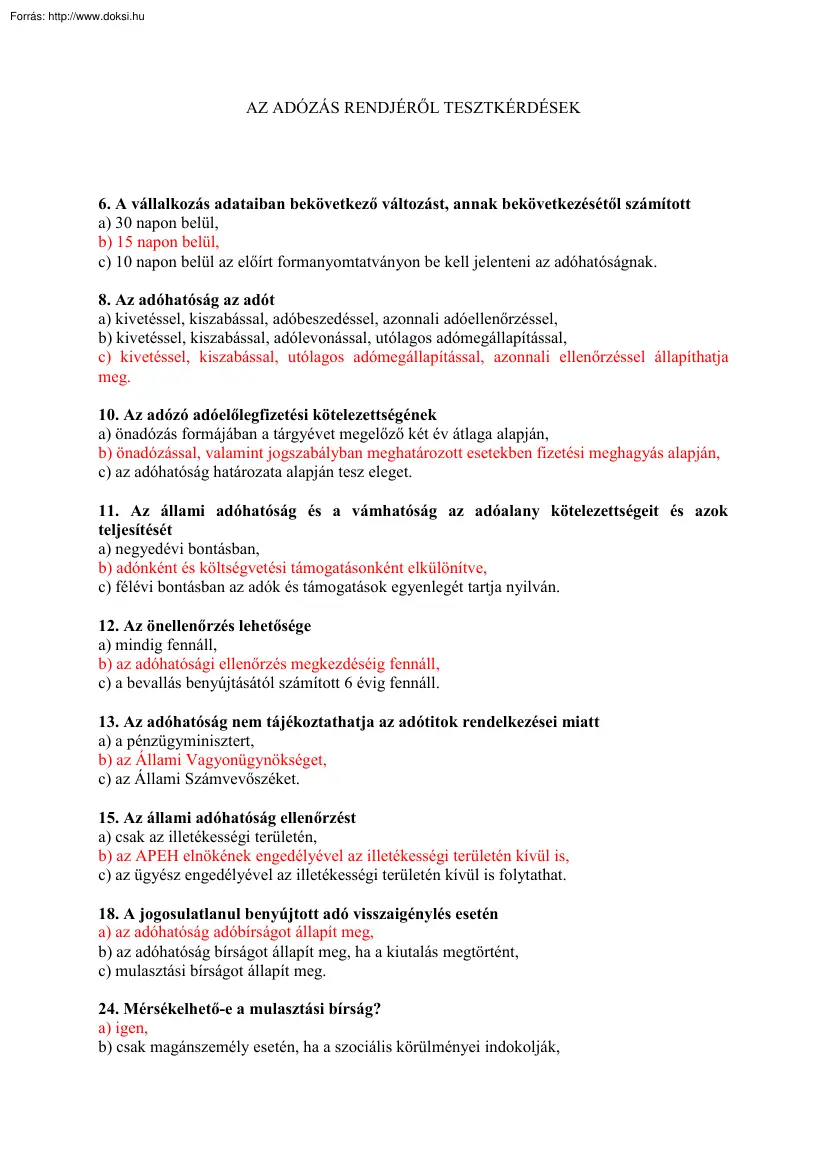 Tesztkérdések és válaszok az adózás rendjéről