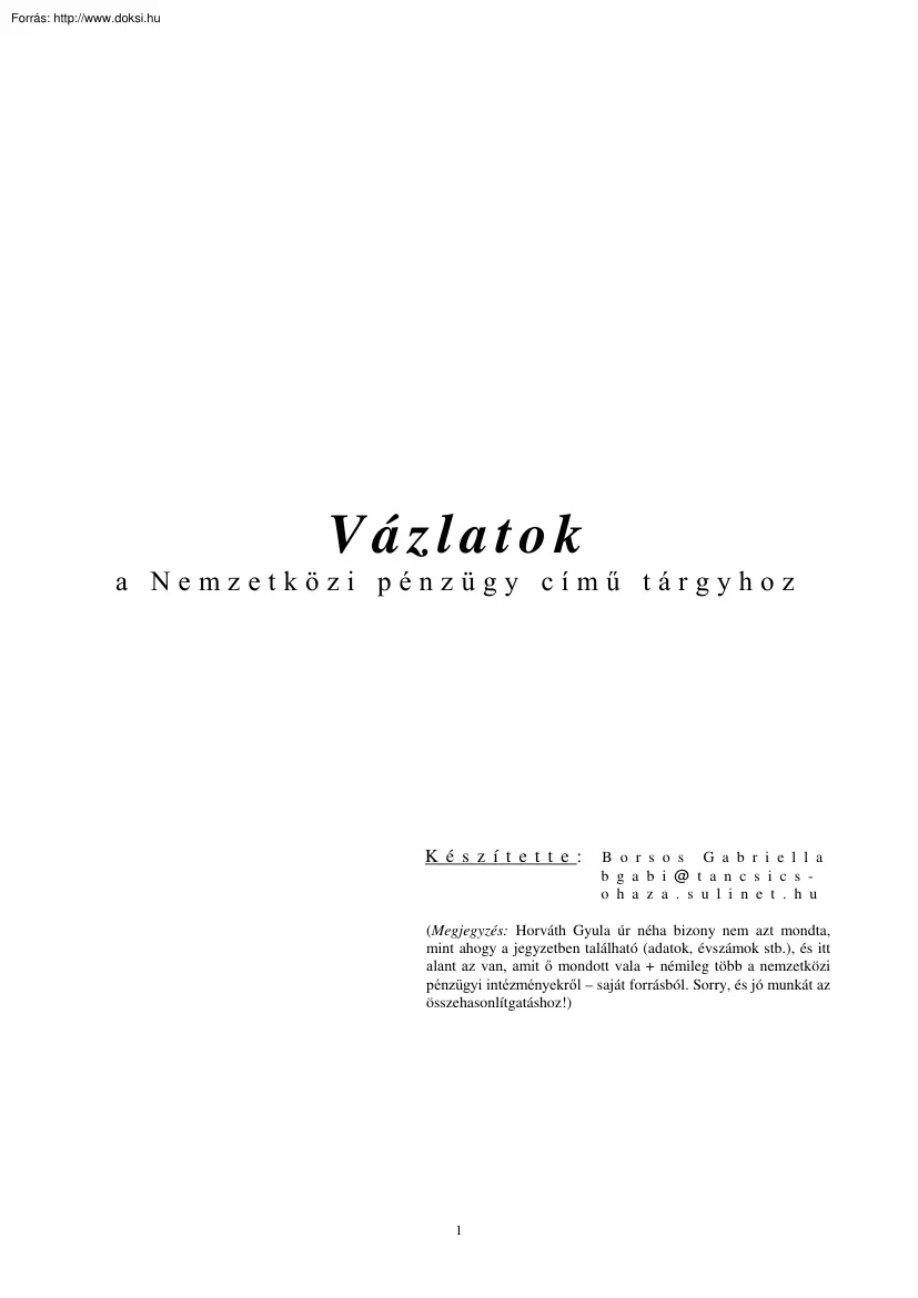 Borsos Gabriella - Nemzetközi pénzügy jegyzet, 2001