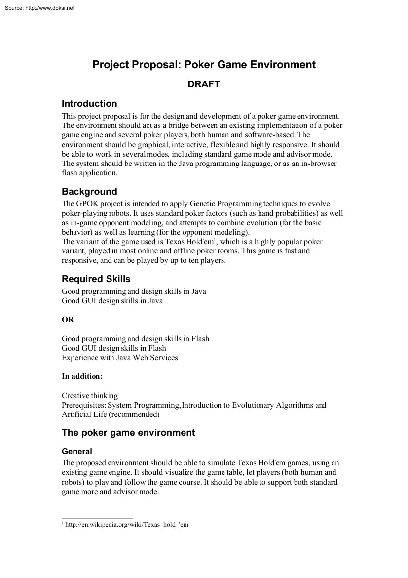 Project Proposal, Poker Game Environment