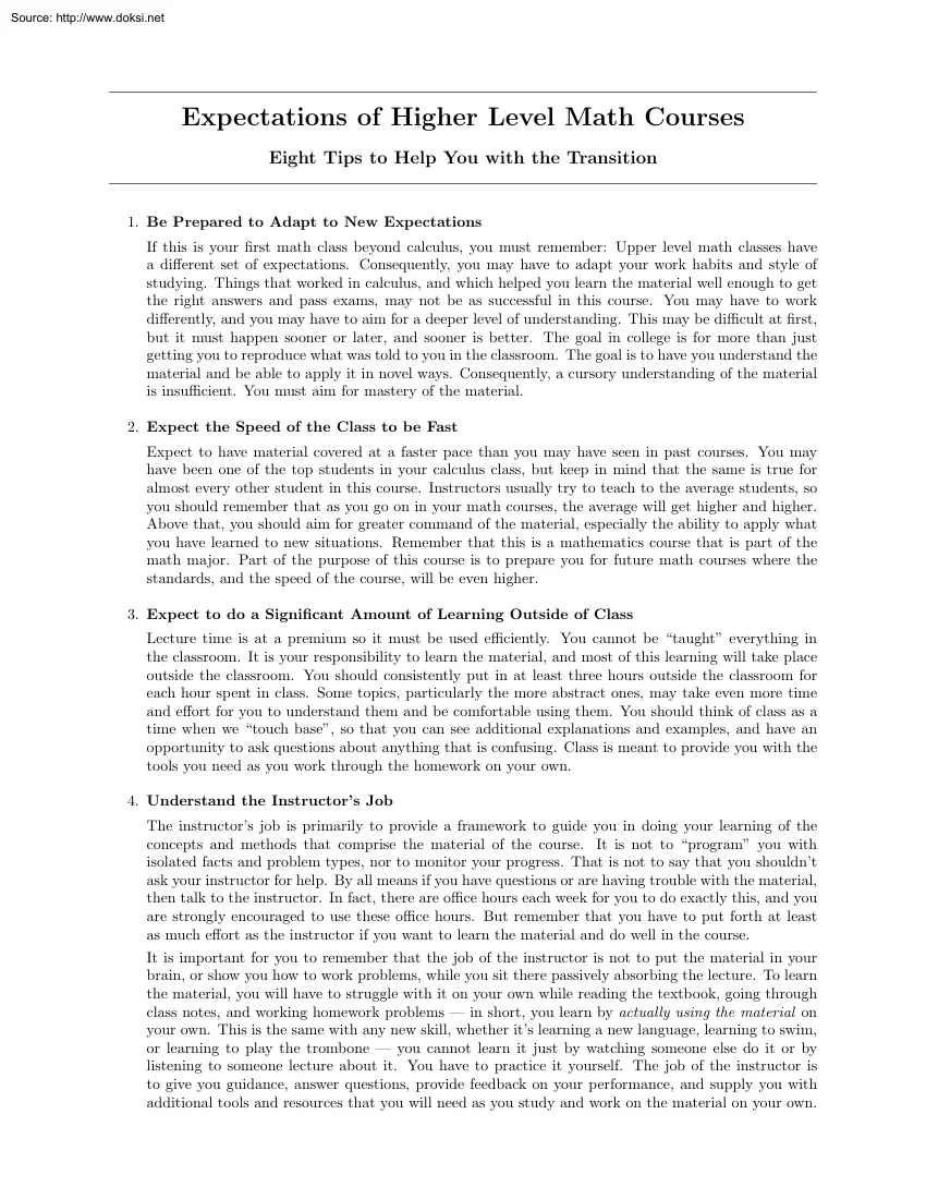 Expectations of Higher Level Math Courses