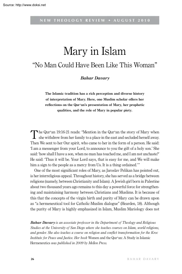 Bahar Davary - Mary in Islam, No Man Could Have Been Like This Woman