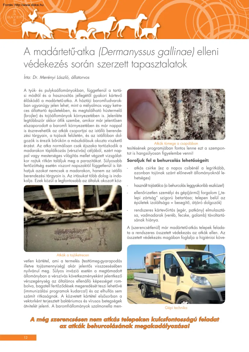 Dr. Merényi László - A madártetű-atka, Dermanyssus gallinae elleni védekezés során szerzett