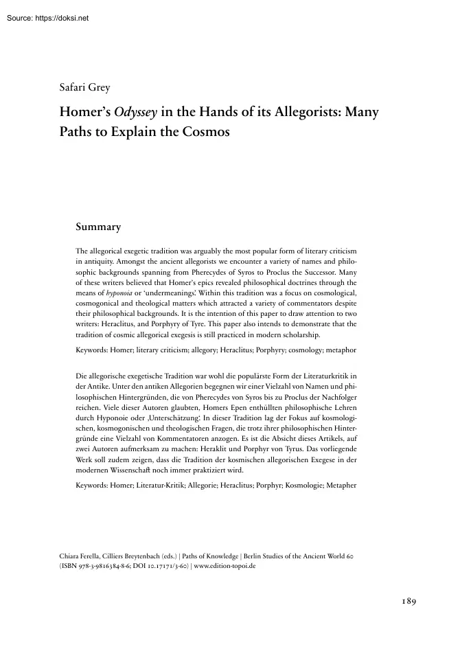 Safari Grey - Homers Odyssey in the Hands of its Allegorists, Many Paths to Explain the Cosmos
