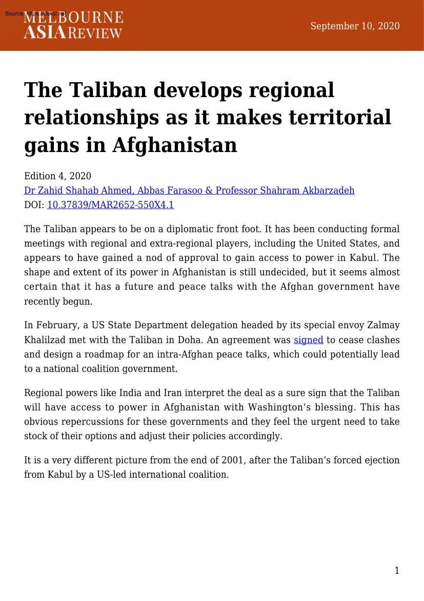 Ahmed-Akbarzadeh - The Taliban Develops Regional Relationship as it Makes Territorial Gains in