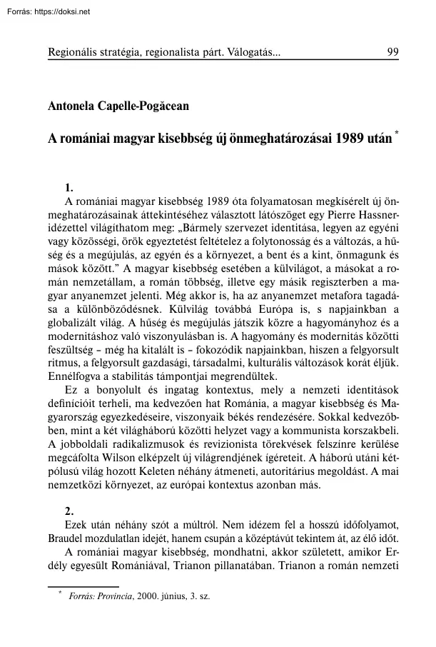 Antonela Capelle-Pogăcean - A romániai magyar kisebbség új önmeghatározásai 1989 után