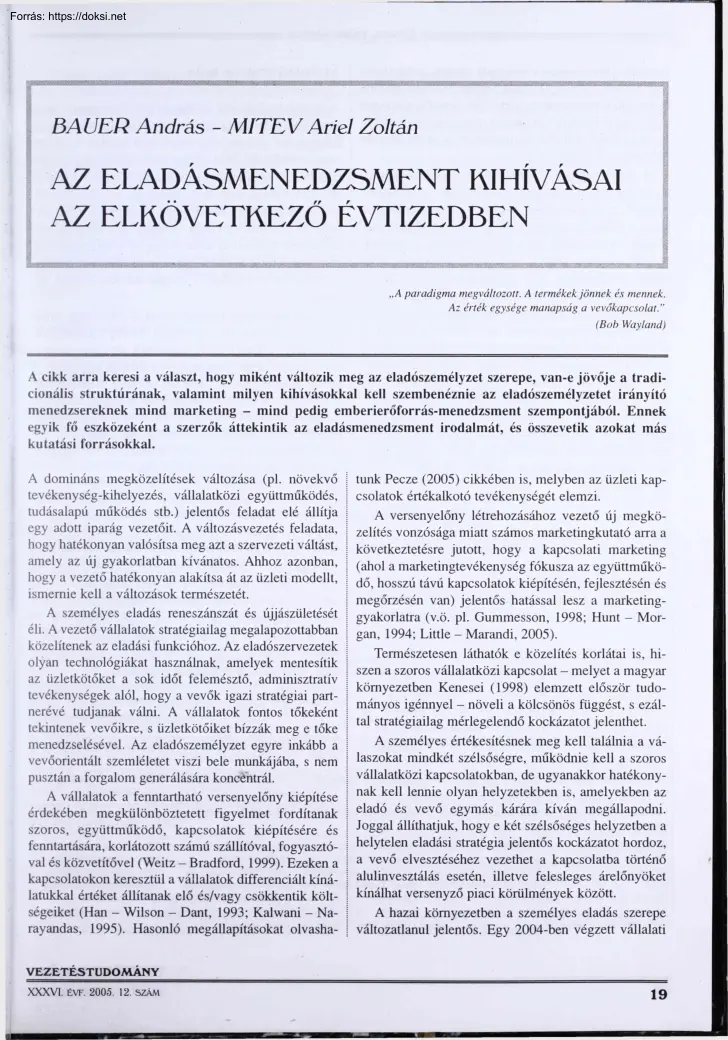 Bauer-Mitev - Az eladásmenedzsment kihívásai az elkövetkezendő évtizedben