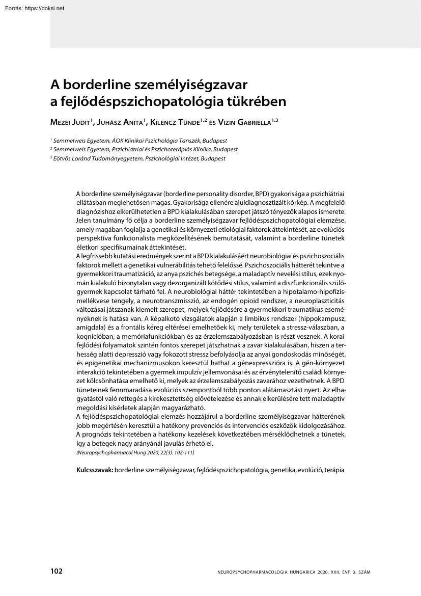 A borderline személyiségzavar a fejlődéspszichopatológia tükrében
