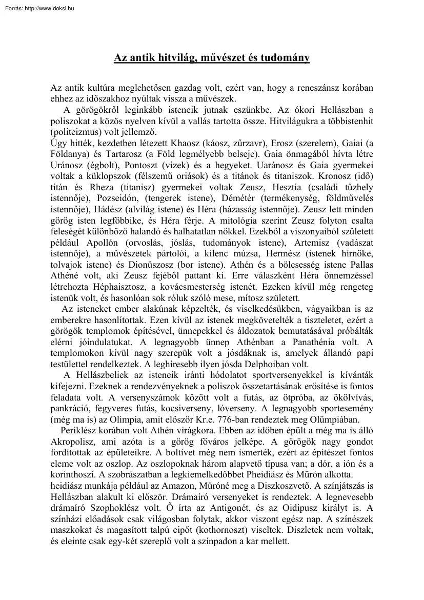 Az antik hitvilág, művészet és tudomány
