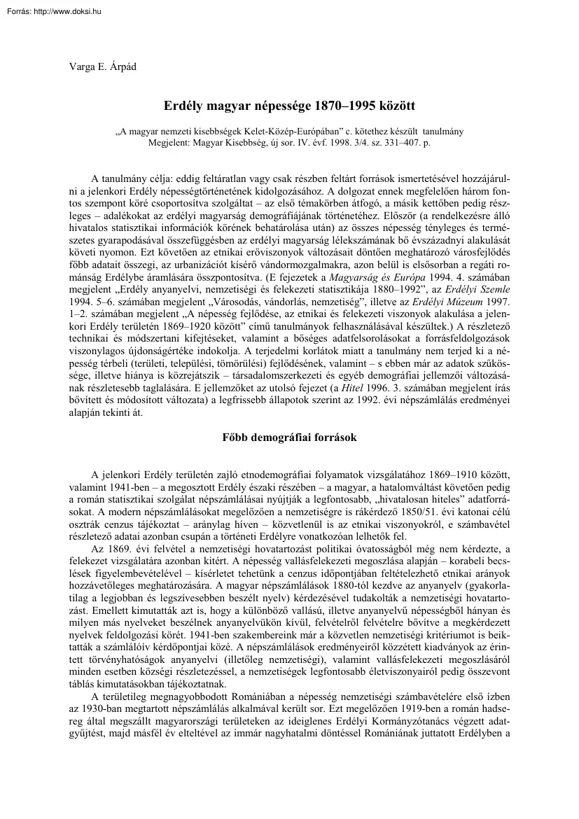 Varga E. Árpád - Erdély magyar népessége 1870–,1995 között