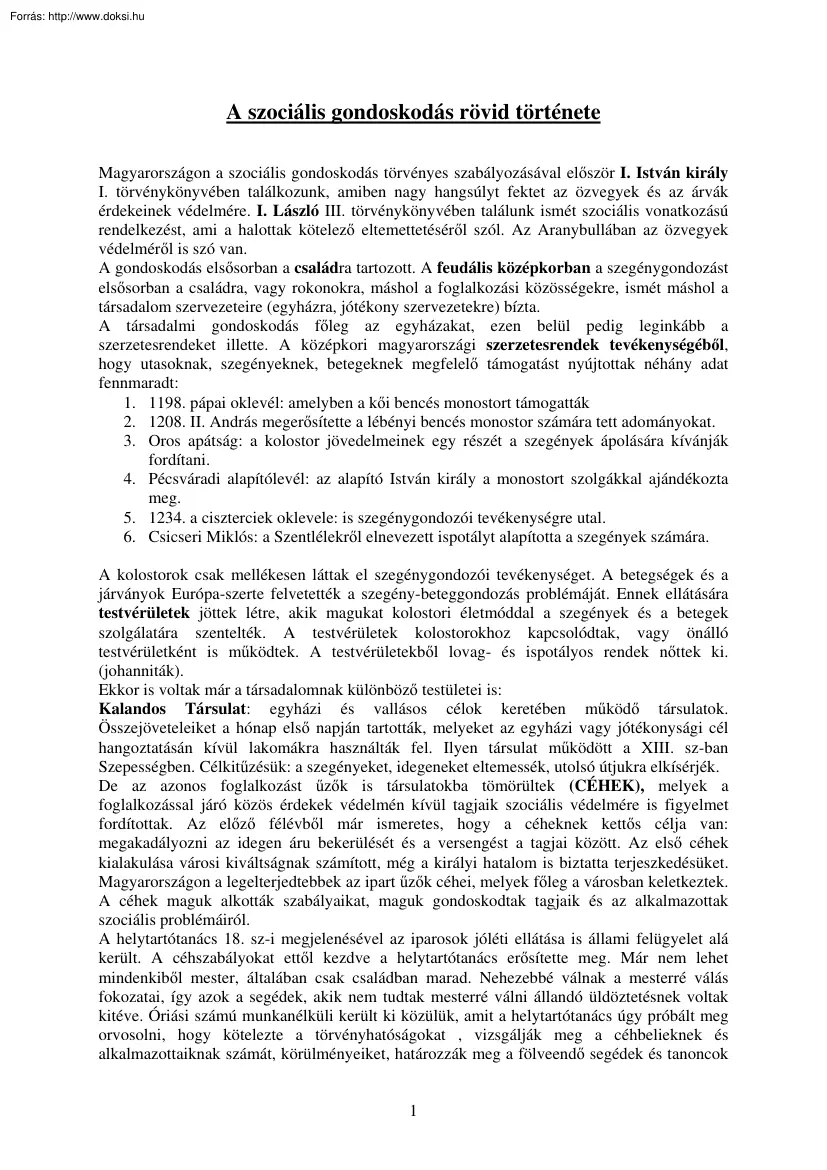 A szociális gondoskodás rövid története