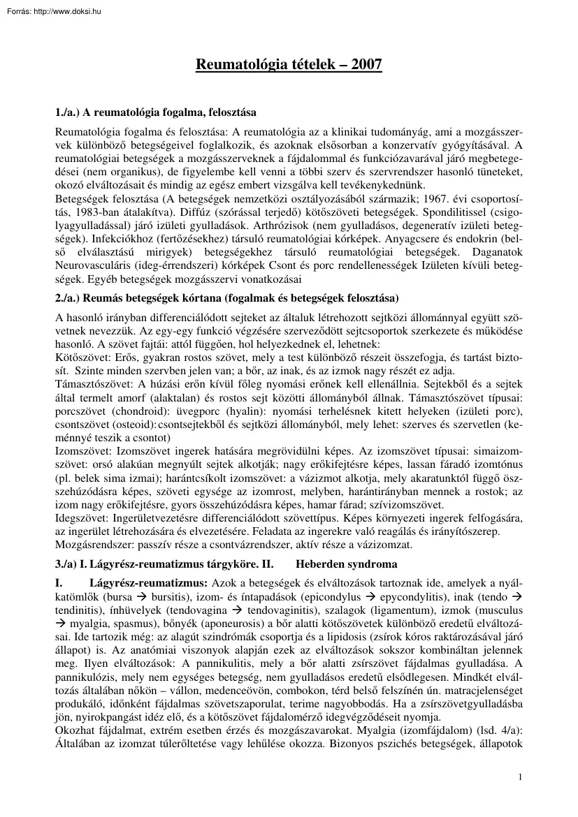 Reumatológia tételek, 2007