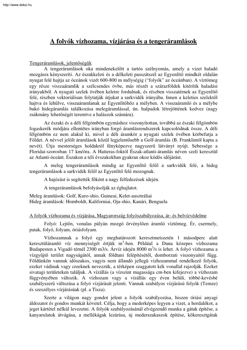 A folyók vízhozama és vízjárása, a tengeráramlások