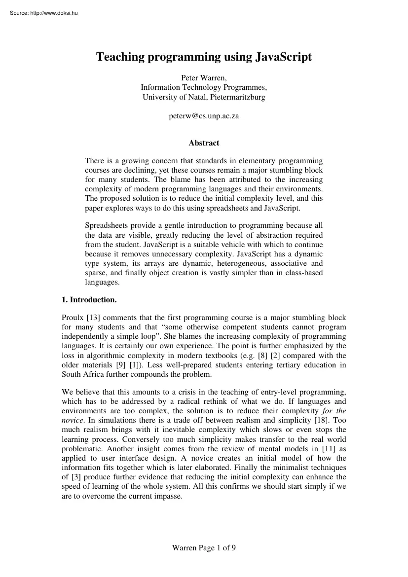 Peter Warren - Teaching programming using JavaScript