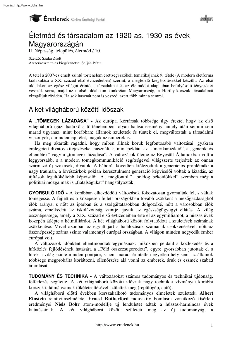 Életmód és társadalom az 1920-as, 1930-as évek Magyarországán
