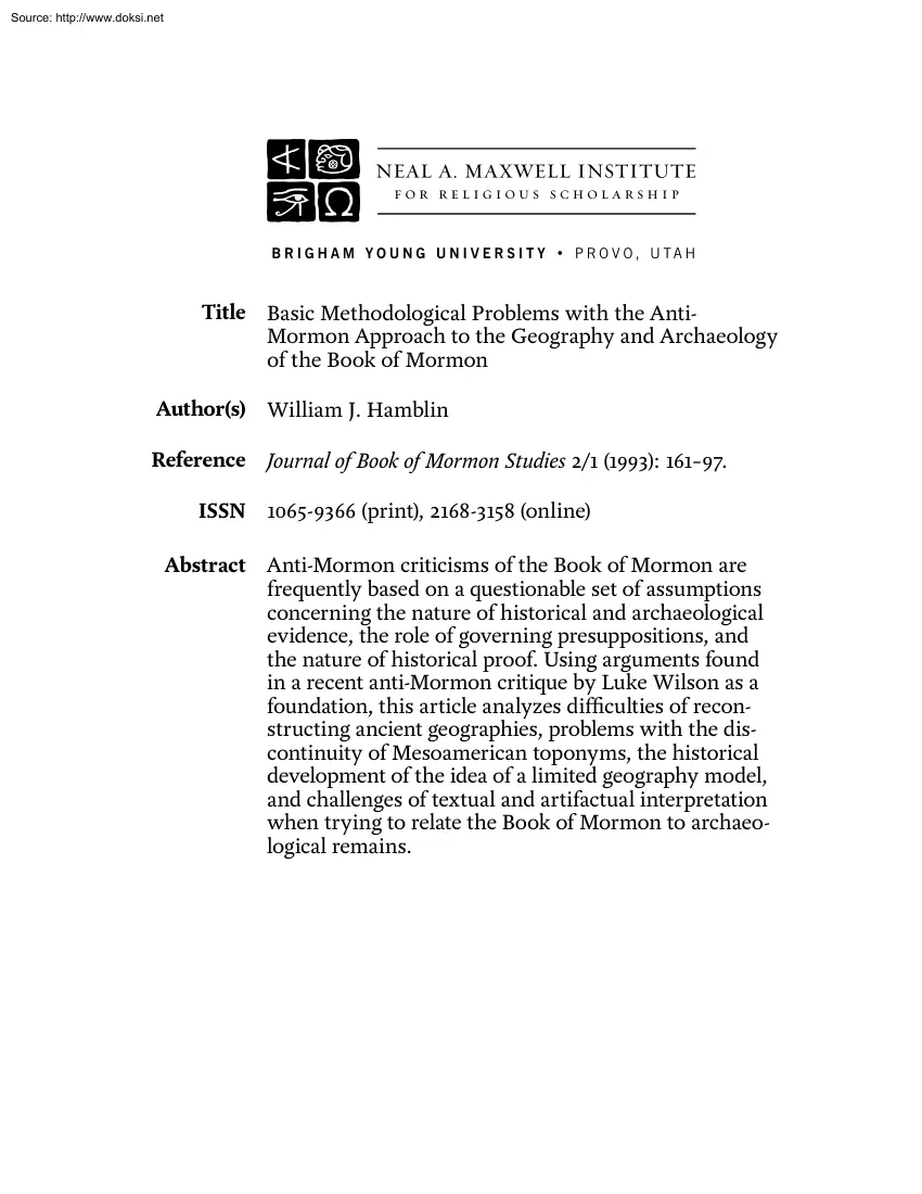 William J. Hamblin - Basic Methodological Problems with the Anti-Mormon Approach to the Geography