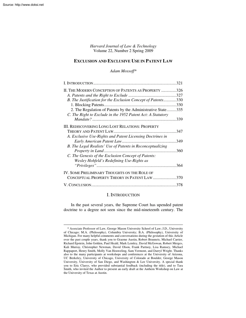 Adam Mossoff - Exclusion and Exclusive Use in Patent Law