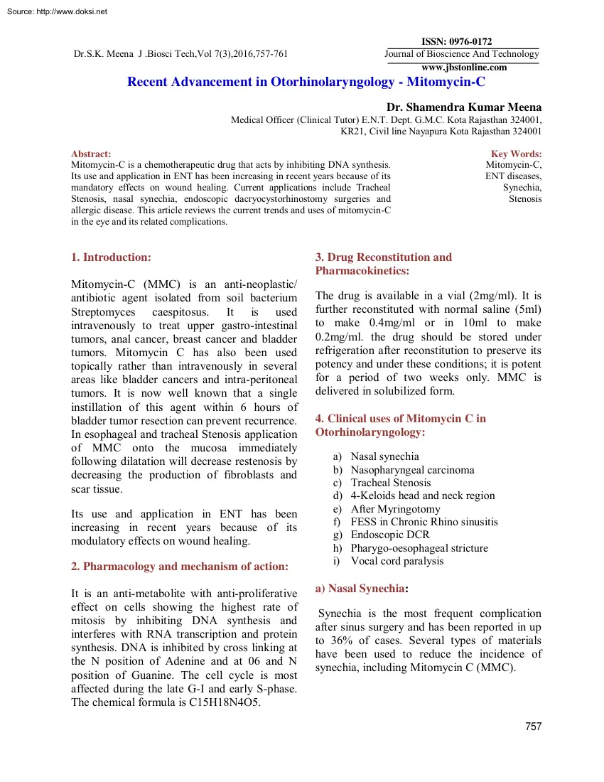 Dr. Shamendra Kumar Meena - Recent Advancement in Otorhinolaryngology, Mitomycin C