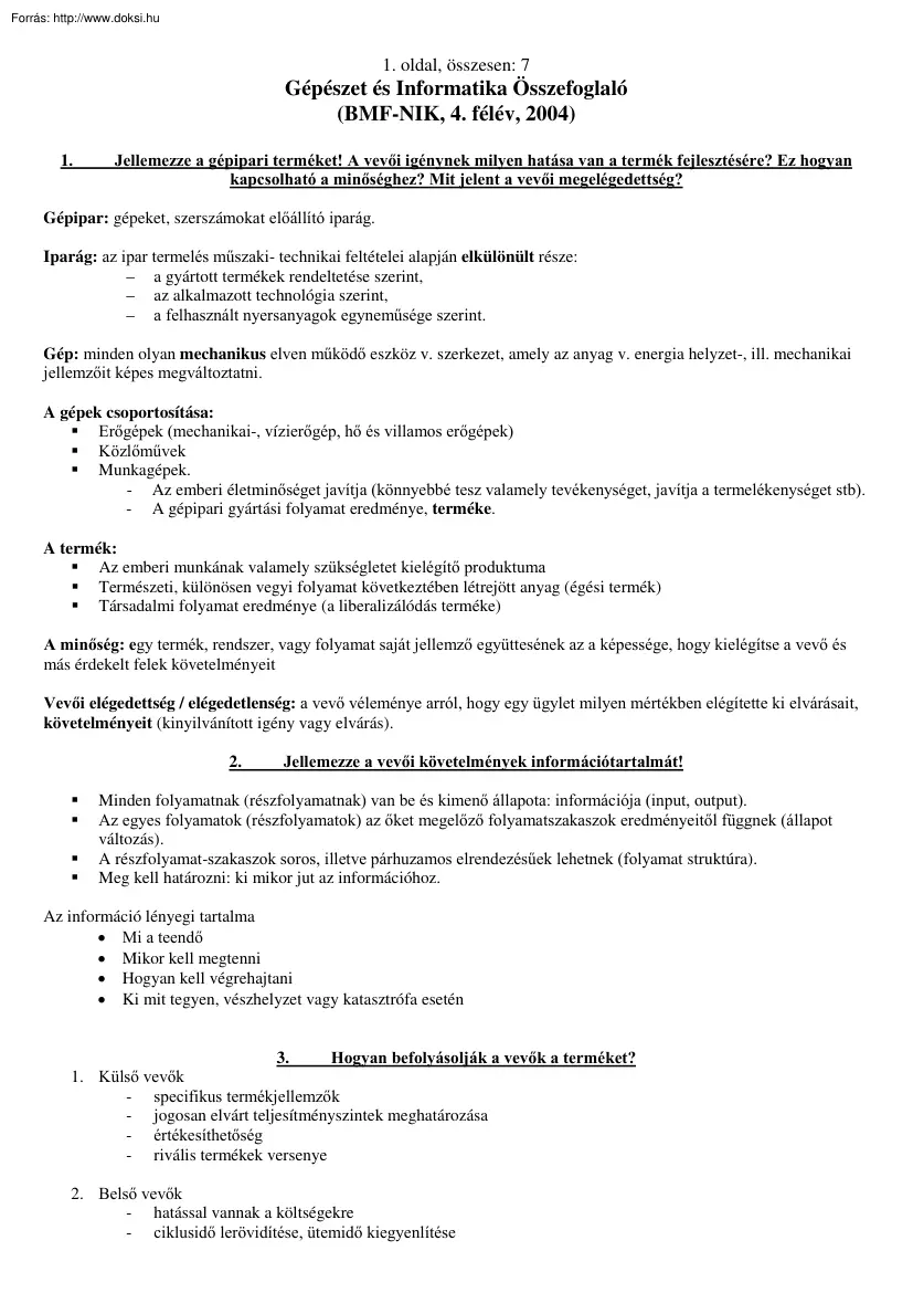 Fábián Zoltán - Gépészet és Informatika összefoglaló