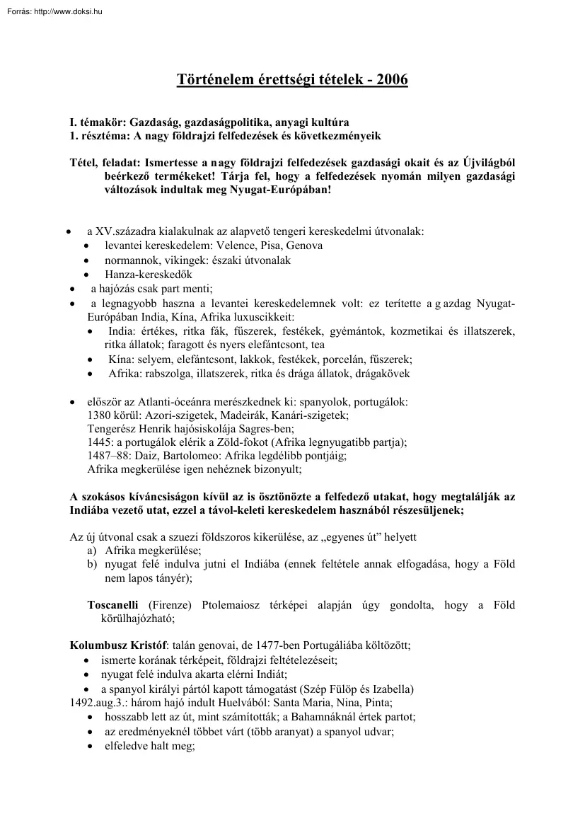 Történelem érettségi írásbeli tételek, 2006