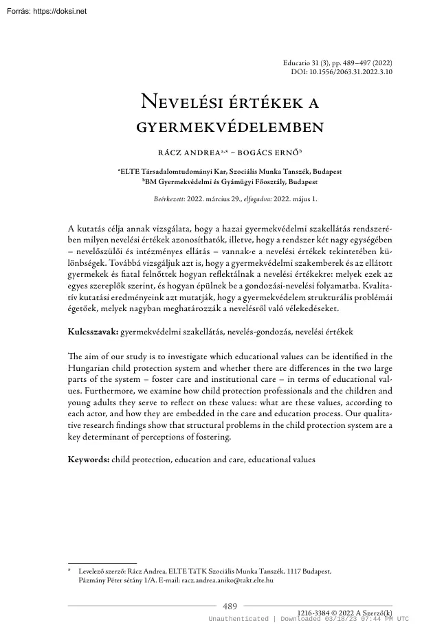 Rácz-Bogács - Nevelési értékek a gyermekvédelemben