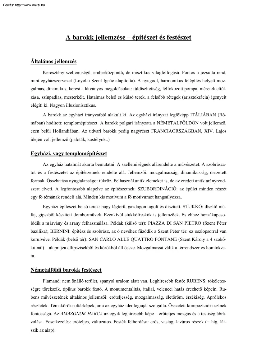 A barokk jellemzése, építészet és festészet
