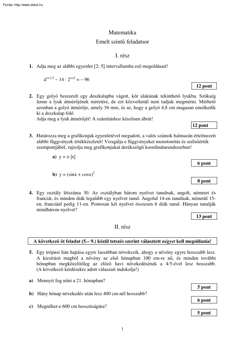 Matematika emelt szintű érettségi mintafeladatsor megoldással, 2005