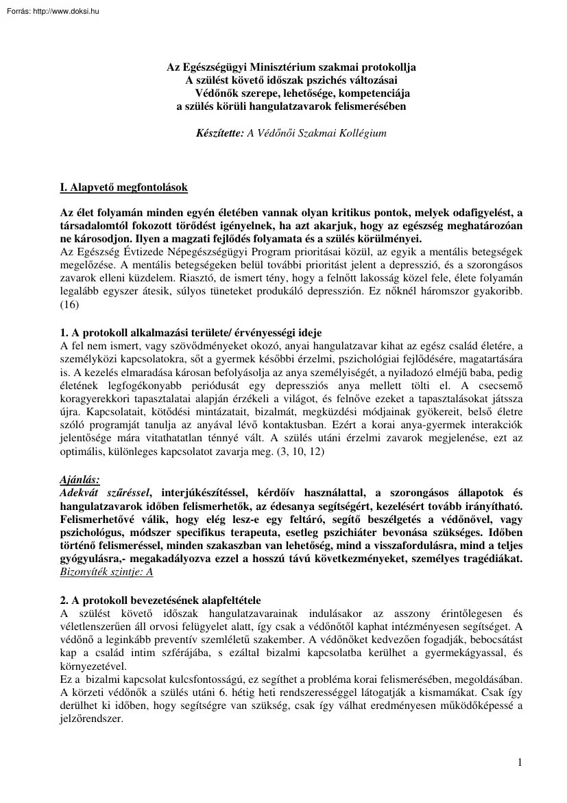 Az Egészségügyi Minisztérium szakmai protokollja, A szülést követő időszak pszichés