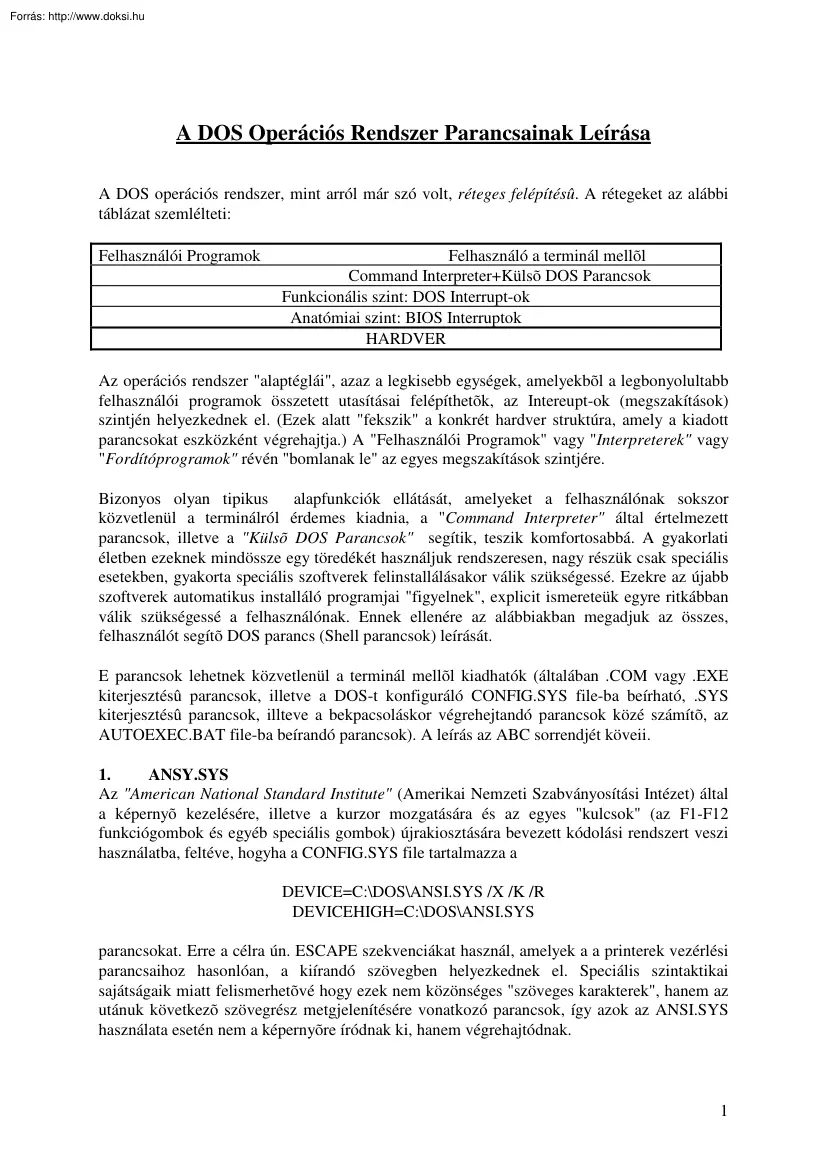 A DOS operációs rendszer parancsainak leírása