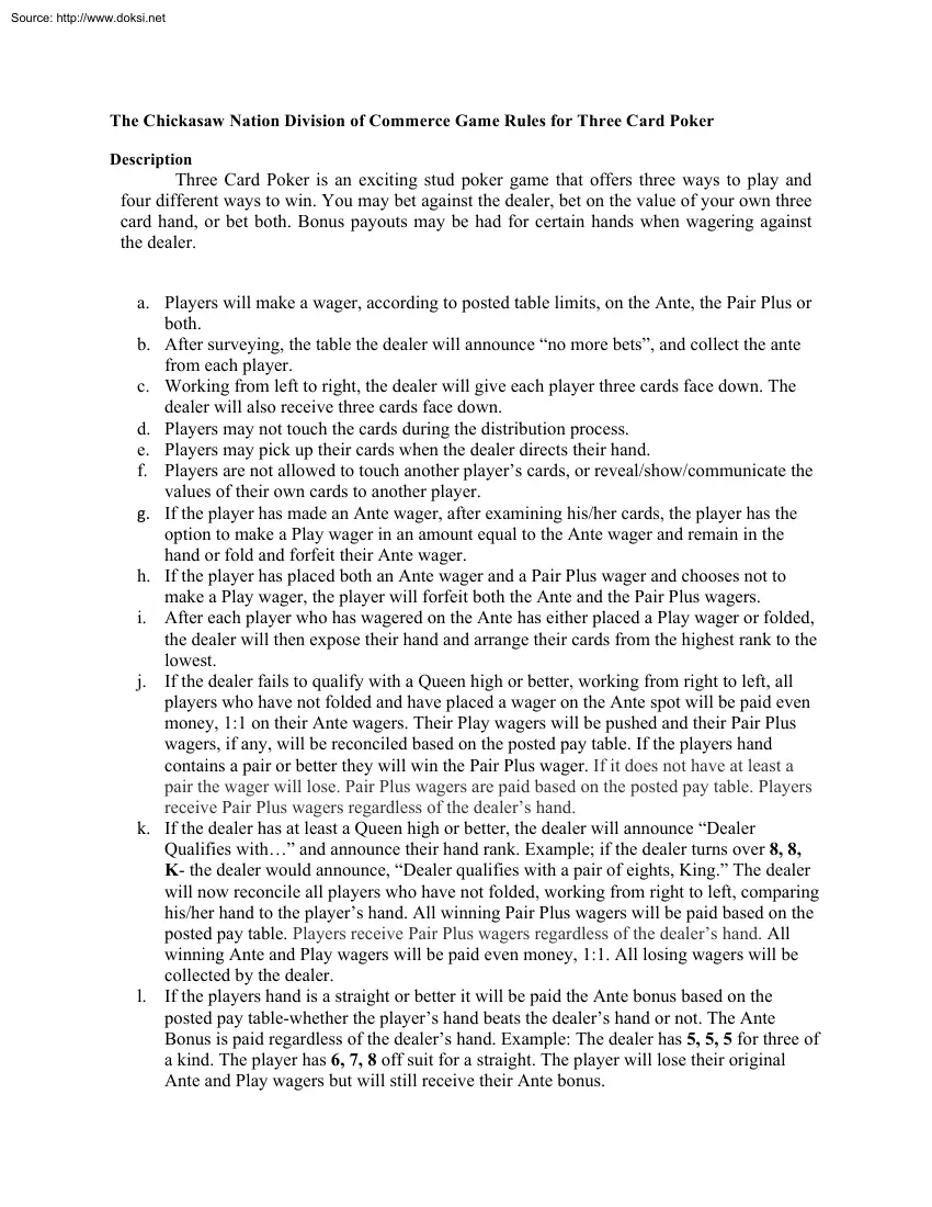 The Chickasaw Nation Division of Commerce Game Rules for Three Card Poker