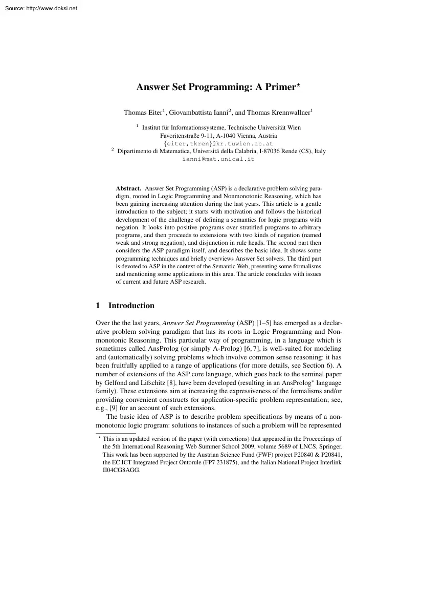 Answer Set Programming, A Primer