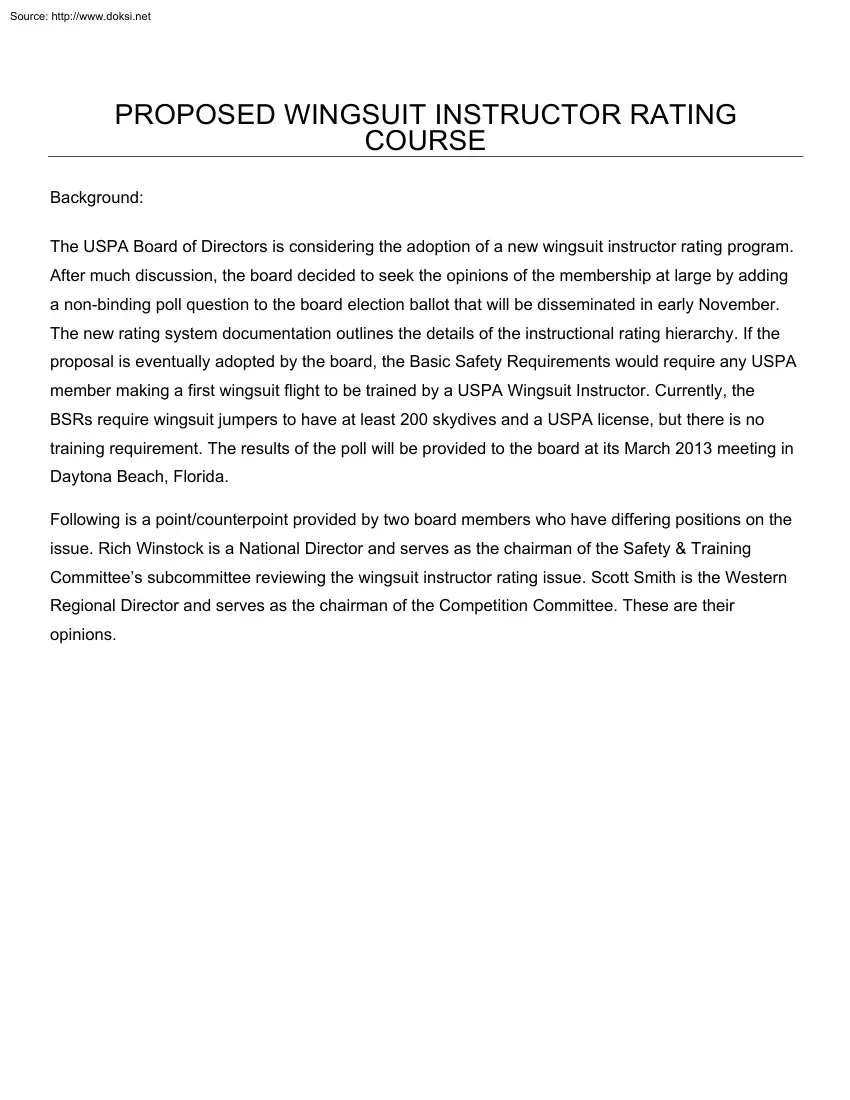 Proposed Wingsuit Instruction Rating Course