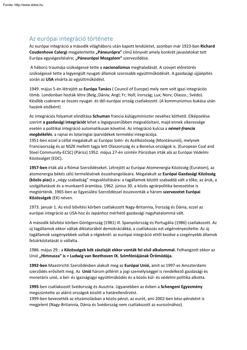 Az európai integráció története, szóbeli tétel