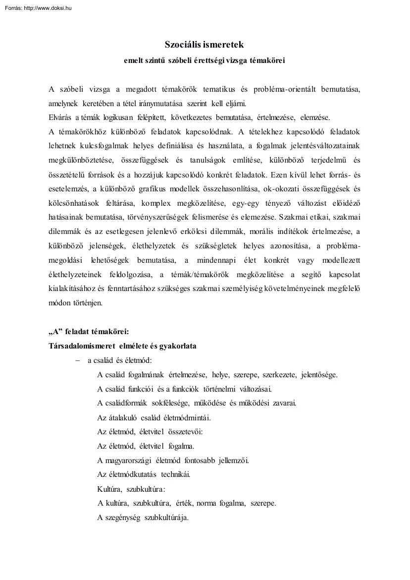 Szociális ismeretek emelt szintű szóbeli érettségi vizsga témakörei, 2017