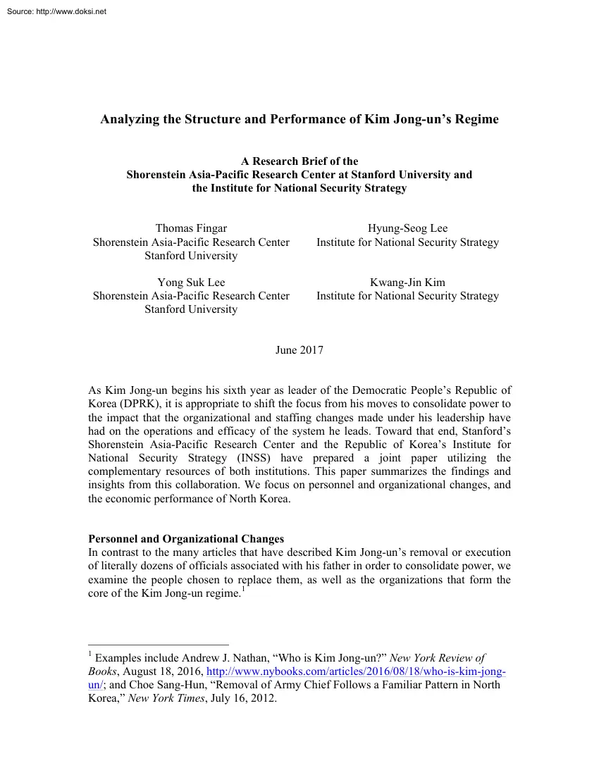 Fingar-Lee-Kim - Analyzing the Structure and Performance of Kim Jong Uns Regime
