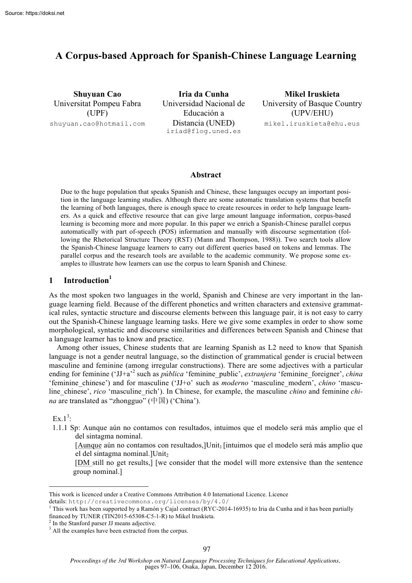 A Corpus-based Approach for Spanish-Chinese Language Learning