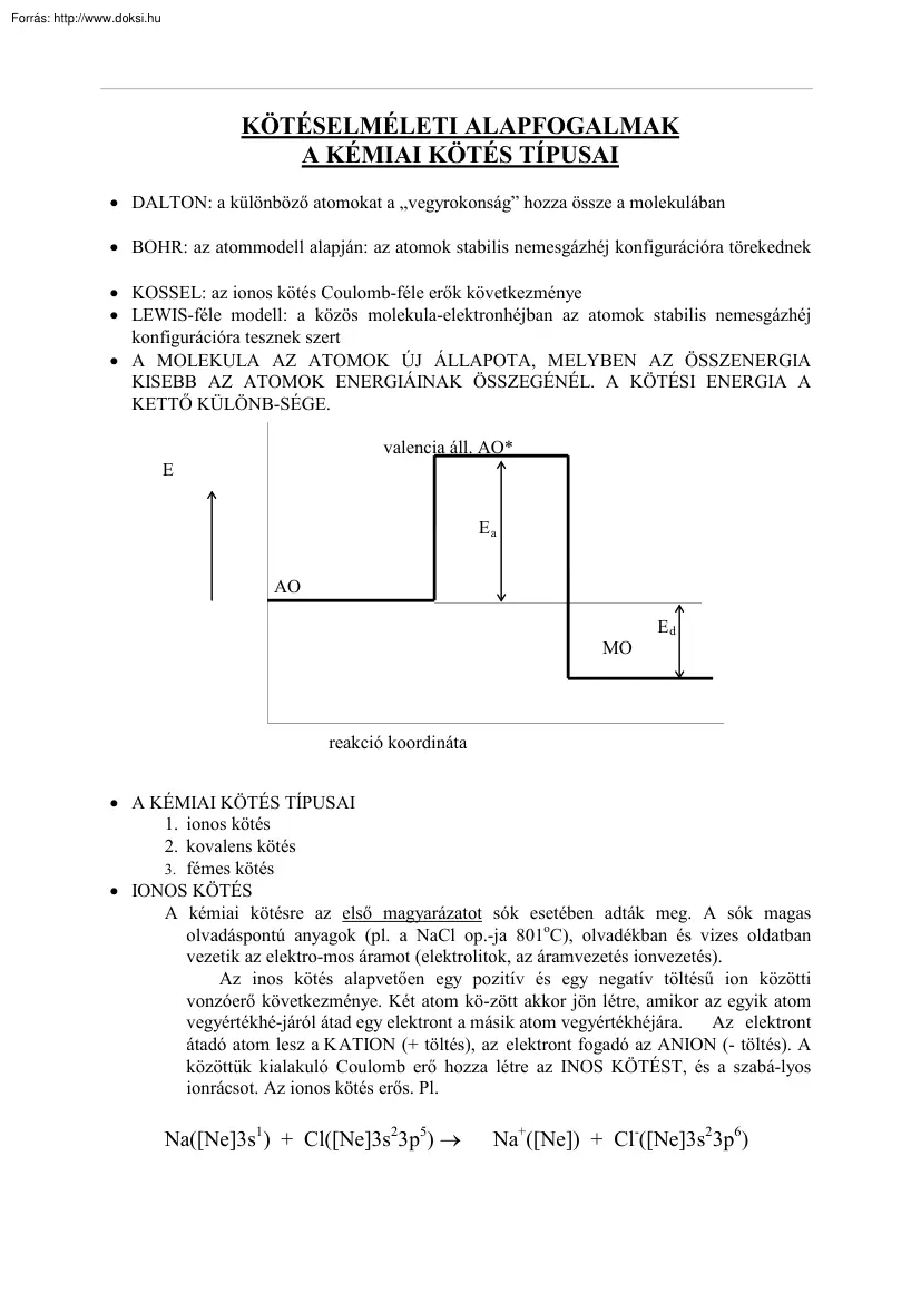 Kötéselméleti alapfogalmak, a kémiai kötés típusai